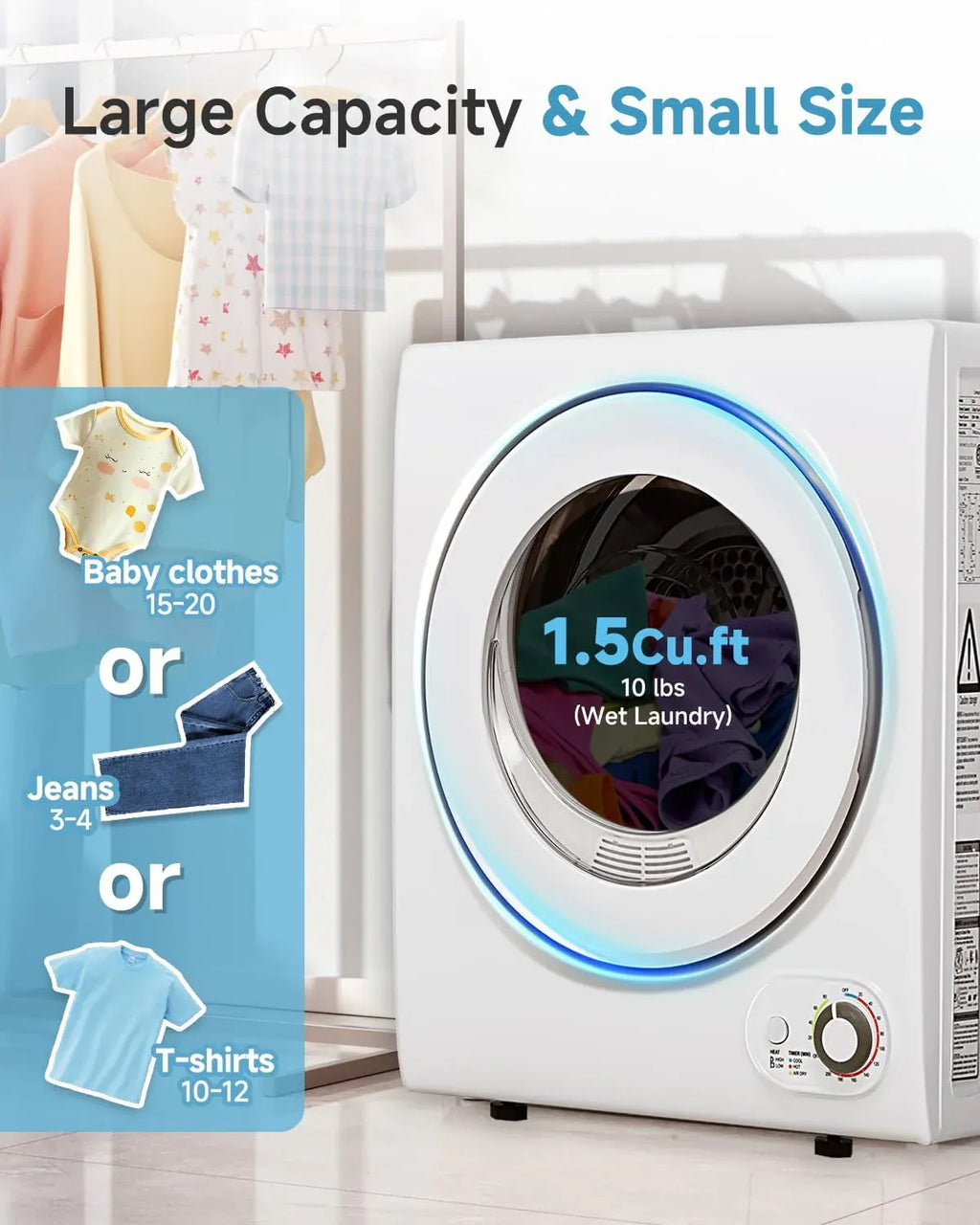 110V Portable Dryer â?850W Compact Clothes Dryer with 4 Automatic Drying Modes, Stainless Steel Tub, Simple Control Knob for Apartments, Dorms & Small Spaces