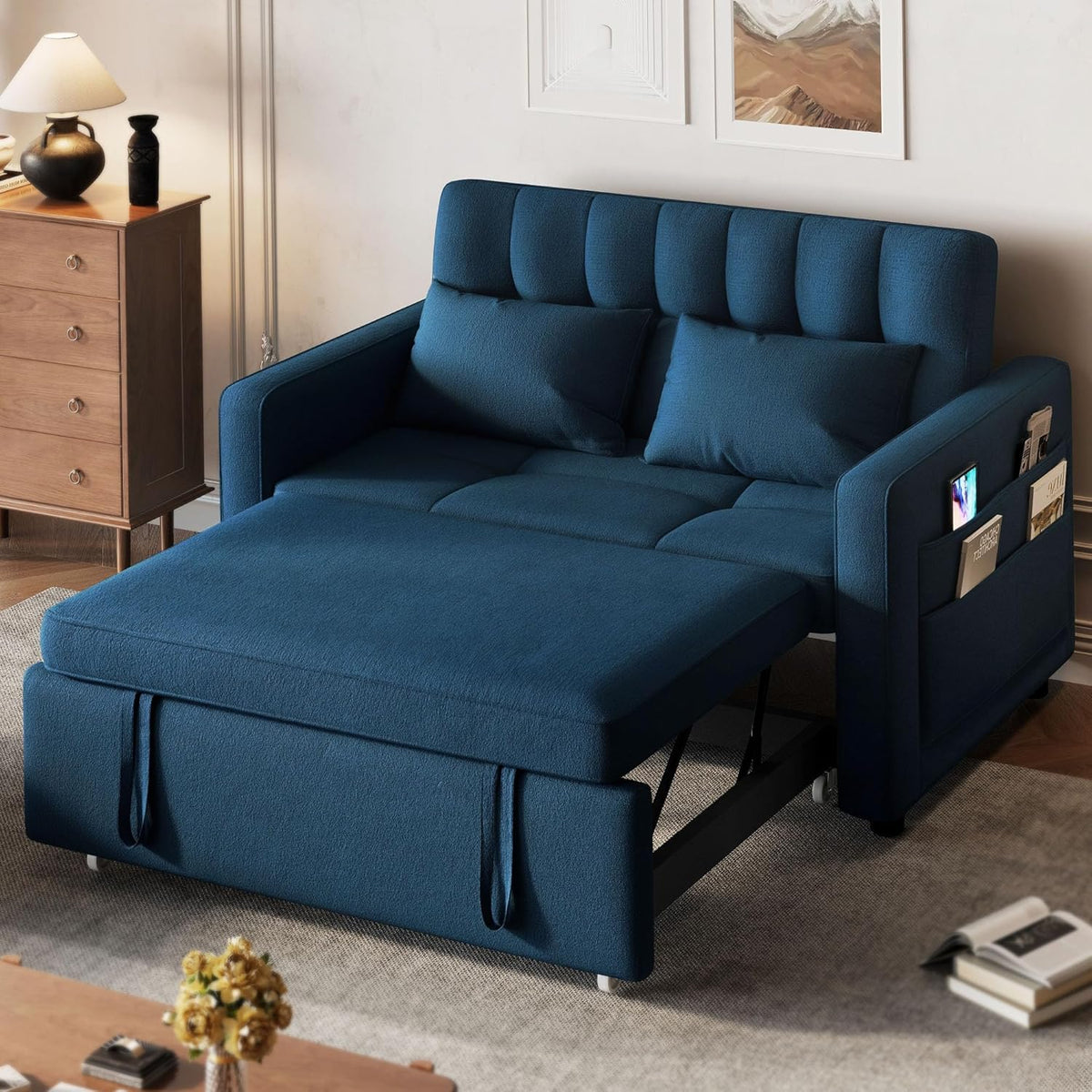 3-in-1 Convertible Sofa Bed, 55 Sleeper Sofa with Pull-Out Bed, Cat-Scratch-Proof Fabric Futon Couch with Adjustable Backrest and Side Pocket, Loveseat for Living Room Apartment, Grey