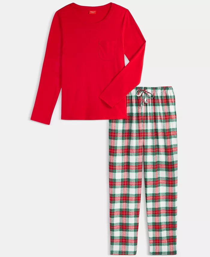 Flannel Pajama Set for Women with Plaid Pattern and Drawstring Waist
