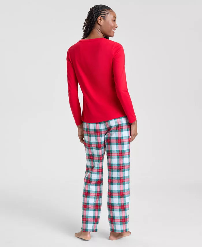 Flannel Pajama Set for Women with Plaid Pattern and Drawstring Waist