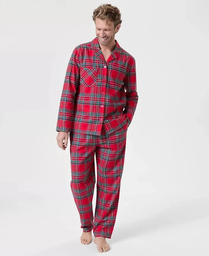 Flannel Pajama Set with Plaid Print and Button Front Top, Machine Washable