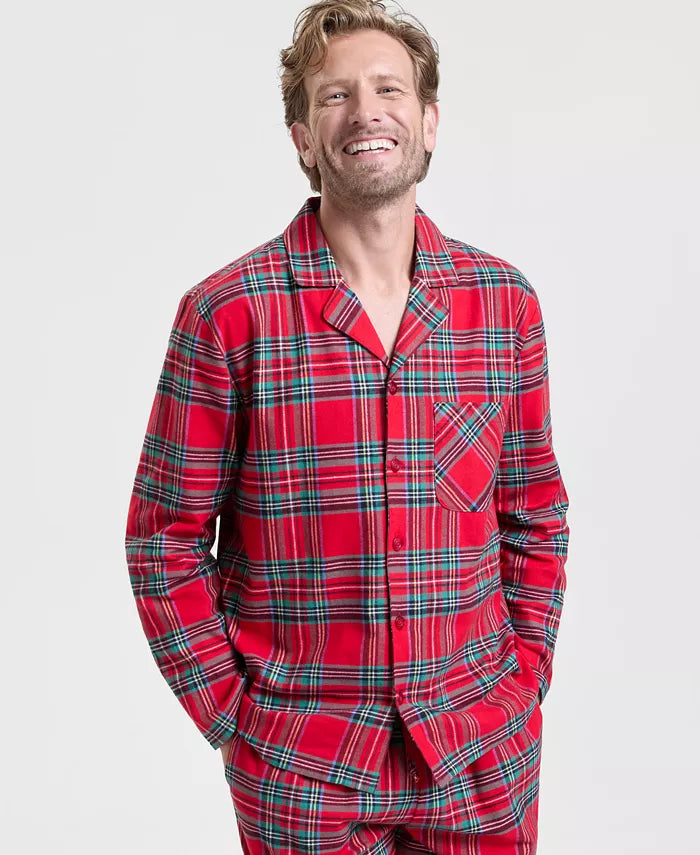 Flannel Pajama Set with Plaid Print and Button Front Top, Machine Washable