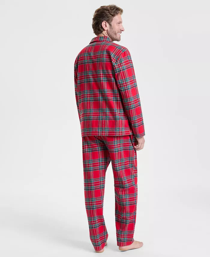 Flannel Pajama Set with Plaid Print and Button Front Top, Machine Washable