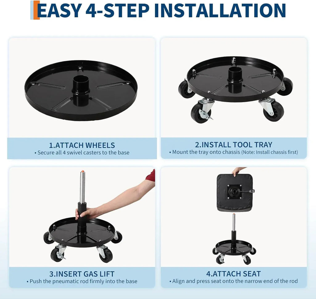 Rolling Shop Stool w/ 3 Locking Swivel Wheels, 300LB Capacity, 18-22 Height Adjustable with Soft Cushion & Tool Tray, Telescoping Mechanic Seat for Garage, Auto Repair, Heavy-Duty, Black
