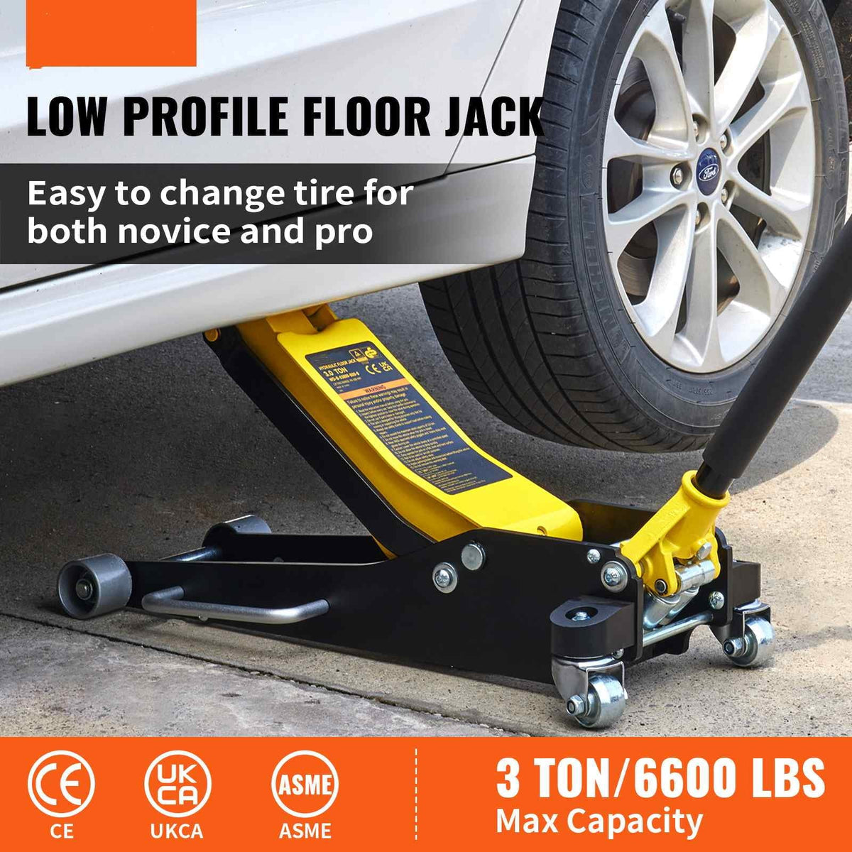BENTISM Low Profile Floor Jack 3 Ton (6600 lbs), Aluminum and Steel Hydraulic Racing Floor Jack, Dual Piston Quick Lift Pump, 19-11/16-3-6/11 Height Lifting Range, Yellow+Black