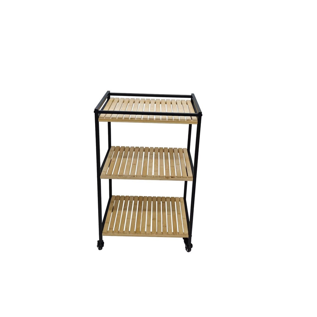 Bamboo Storage Trolley with Three Open Shelves and Rolling  Wheels