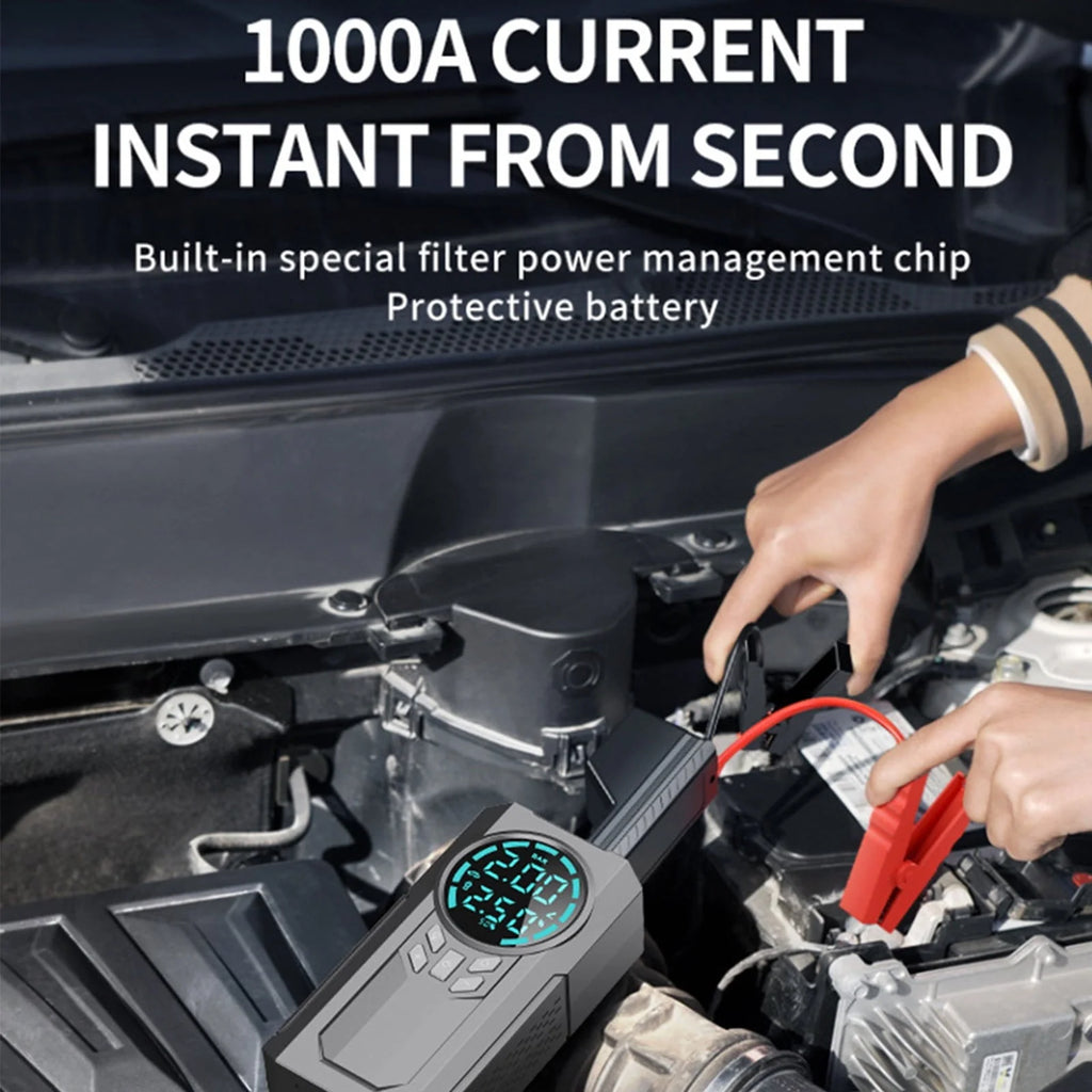 Ckraxd Car Inflator Battery Jump 2-in-1 1000A Emergency Start Power Supply 12V Battery Pack Battery Booster Jump Box Portable Charger Jumper Cables LED Display Screen