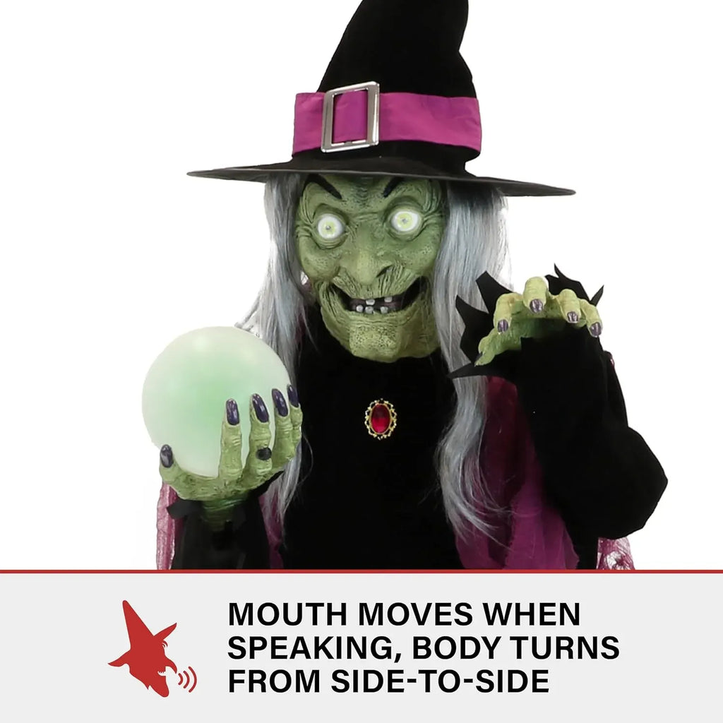 Haunted Hill Farm 6-Ft. Tall Fortune Teller Witch, Plug-in Motion-Activated Talking Scare Prop Halloween Animatronic for Indoor or Covered Outdoor Creepy Decorations