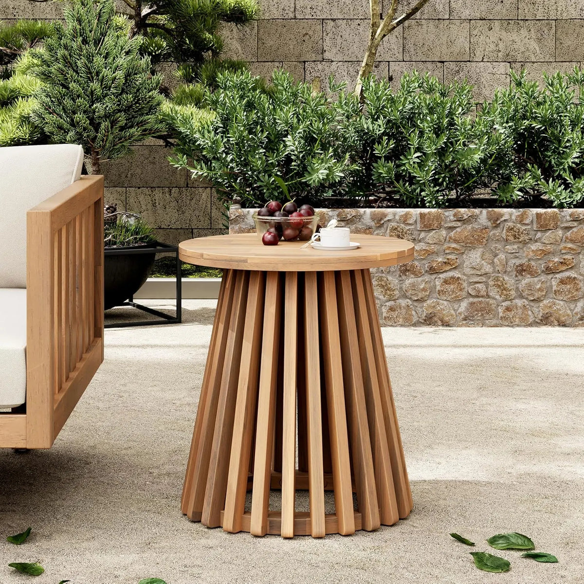 Merax Outdoor Acacia Wood Coffee Table 15.75 Round Patio Side Table for Backyard Lawn Balcony, Aesthetic Slat Base Design, Light Teak