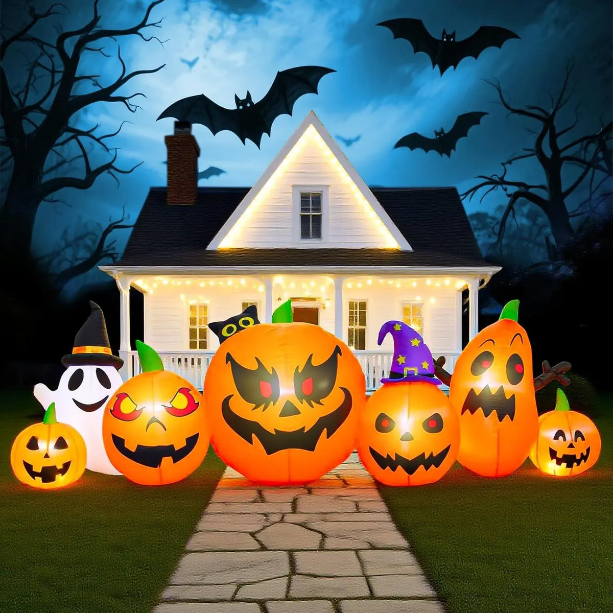 9 FT Halloween Inflatables Pumpkin Outdoor Decorations with Cute Chost Cat and Witch Hat Built-in LEDs Blow Up Pumpkin for Party Yard Lawn Garden Outside Decor