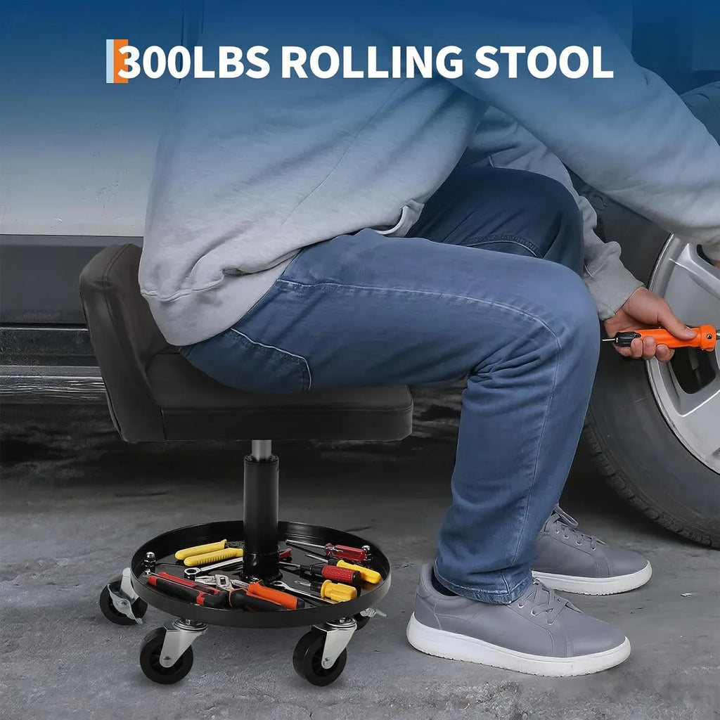 Rolling Shop Stool w/ 3 Locking Swivel Wheels, 300LB Capacity, 18-22 Height Adjustable with Soft Cushion & Tool Tray, Telescoping Mechanic Seat for Garage, Auto Repair, Heavy-Duty, Black