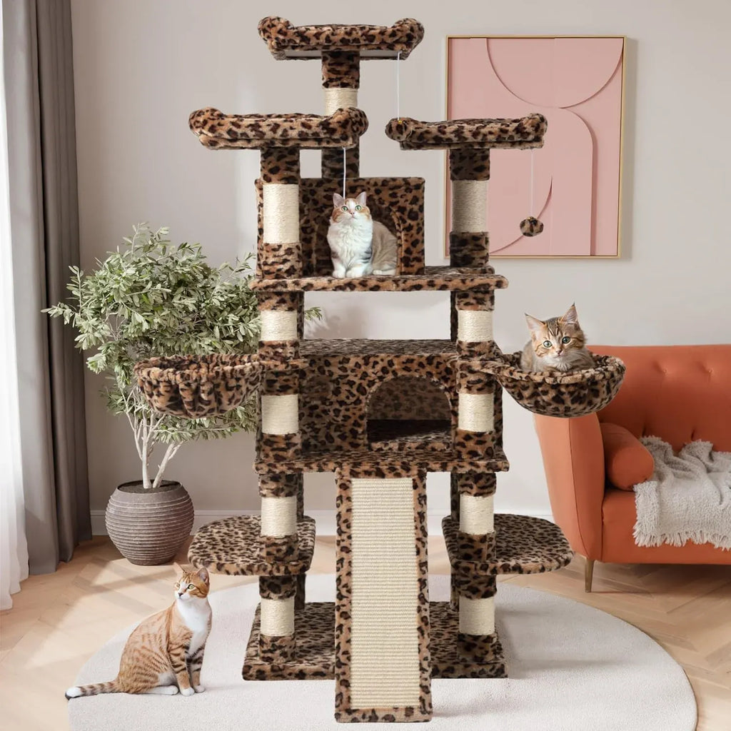 68 Inches Multi-Level Large Cat Tree for Large Kitties/Big Cat Tower with Condo/Cozy Plush âPussycat Perches/Sisal Scratching Posts and Hammocks/Activity Center/Leopard Print