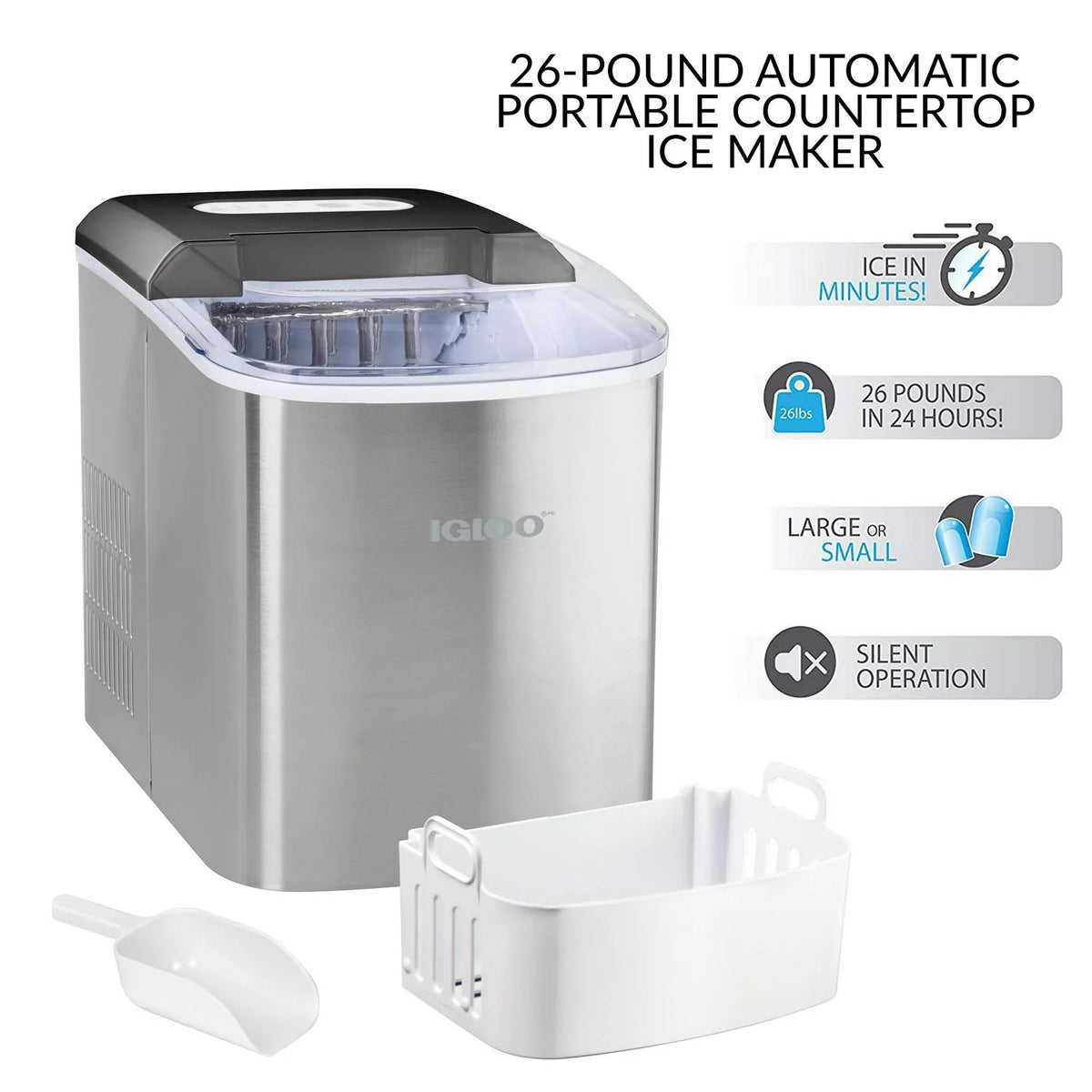 Igloo IGLICEB26SS 26-Pound Automatic Portable Countertop Ice Maker Machine Stainless Steel