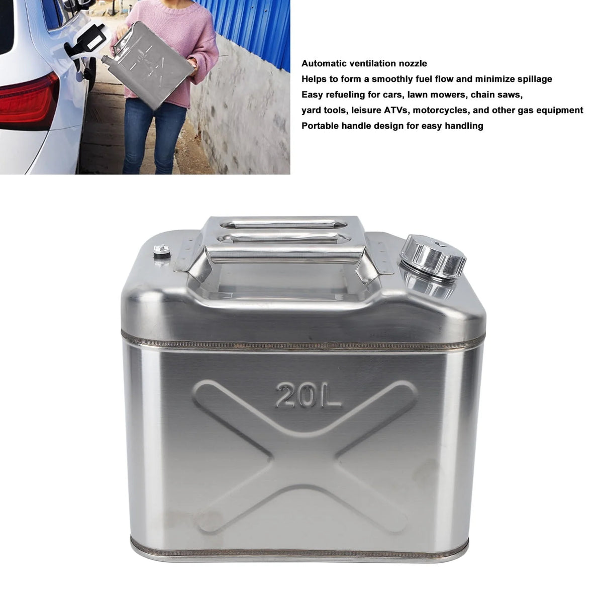 Gasoline , Silver 20L Fuel Can Stainless Steel With Handle For Lawn Mowers