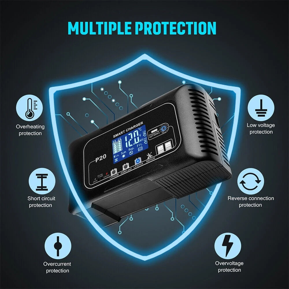 JahyShow Intelligent 12V/24V Battery Charger - Fast Charging with LCD Display, 20A Amp