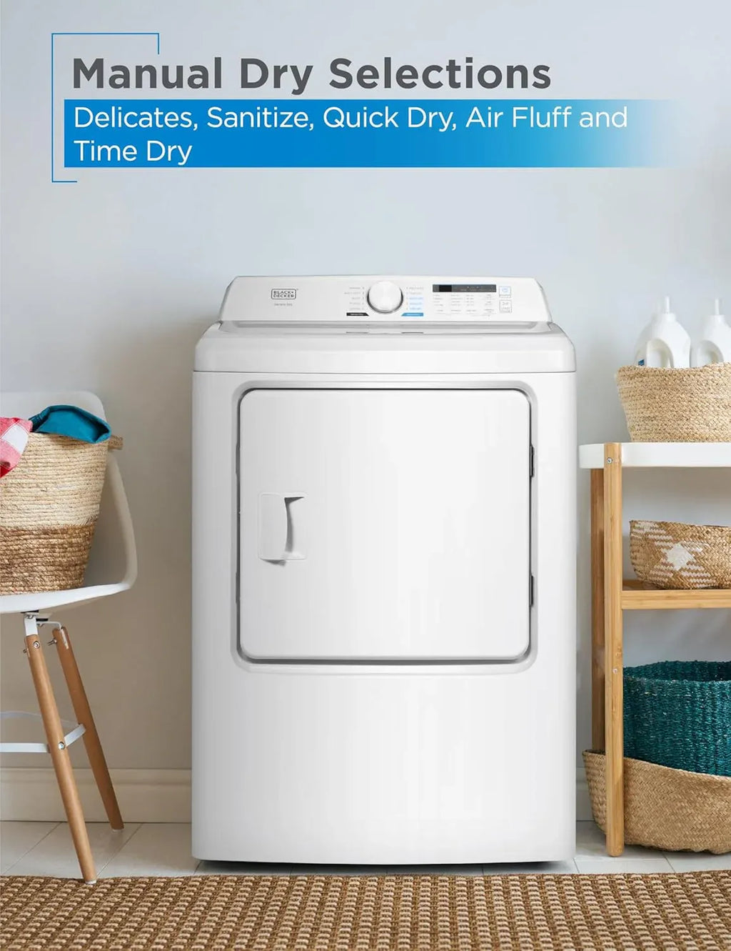 BLACK+DECKER 7.0 Cu. Ft. Front Load Dryer, Clothes Dryer with LED Display and Dial Control, 5 Senor and Manual Dry Selections, Wrinkle Care, 240V, BLD67ME, White