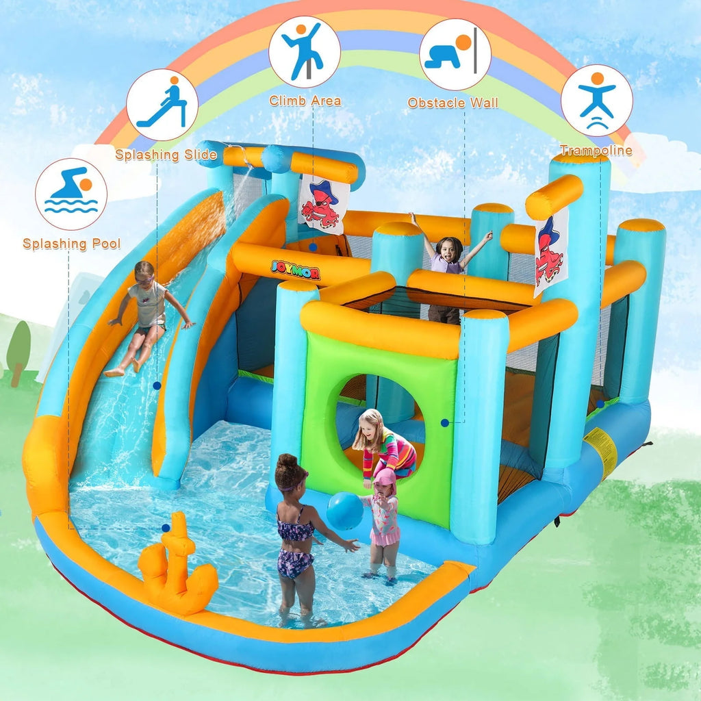 JOYMOR Inflatable Water Slide Park, Pirate Themed Bounce House w/ Obstacle Course, Water Cannon, Splash Pool, Water Slide Bouncer Castle Outdoor Backyard Playhouse for Age 3-12 Kids (Included Blower)