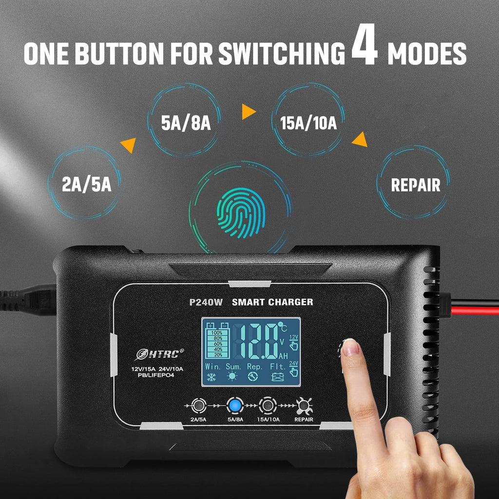 HTRC Automatic 12V/24V 15A Car Battery Charger for RV PB LIFEPO4 AGM (EU)