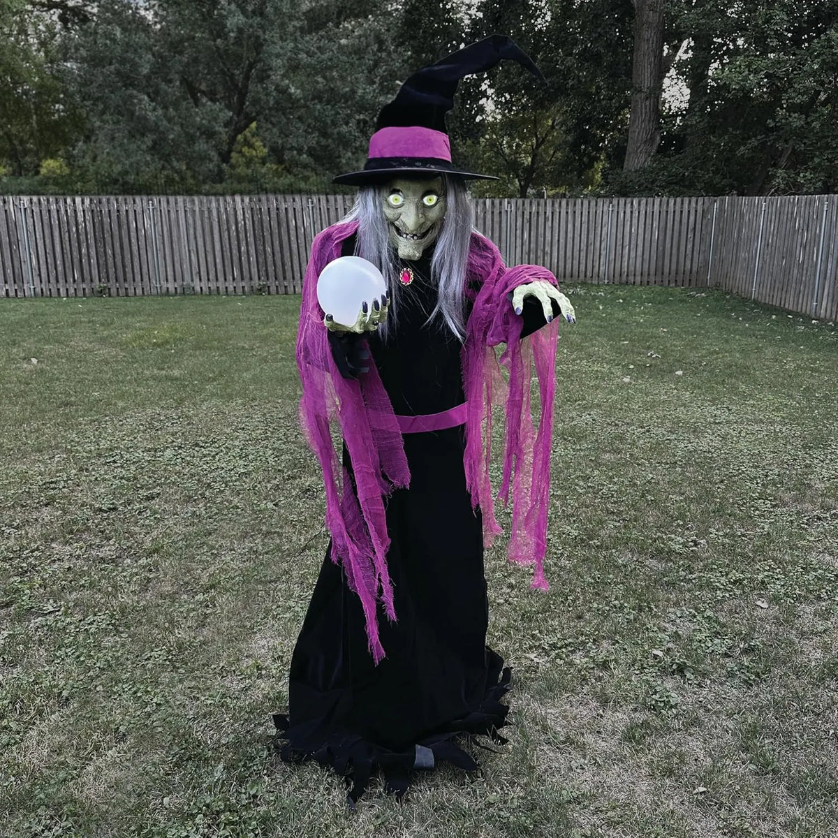 Haunted Hill Farm 6-Ft. Tall Fortune Teller Witch, Plug-in Motion-Activated Talking Scare Prop Halloween Animatronic for Indoor or Covered Outdoor Creepy Decorations