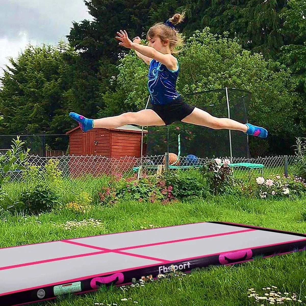 FBSPORT Inflatable Air Gymnastics Mat Training Mats 4 inches Thickness 16ft Gymnastics Tracks for Home Use/Training/Cheerleading/Yoga/Water with Pump Black Green