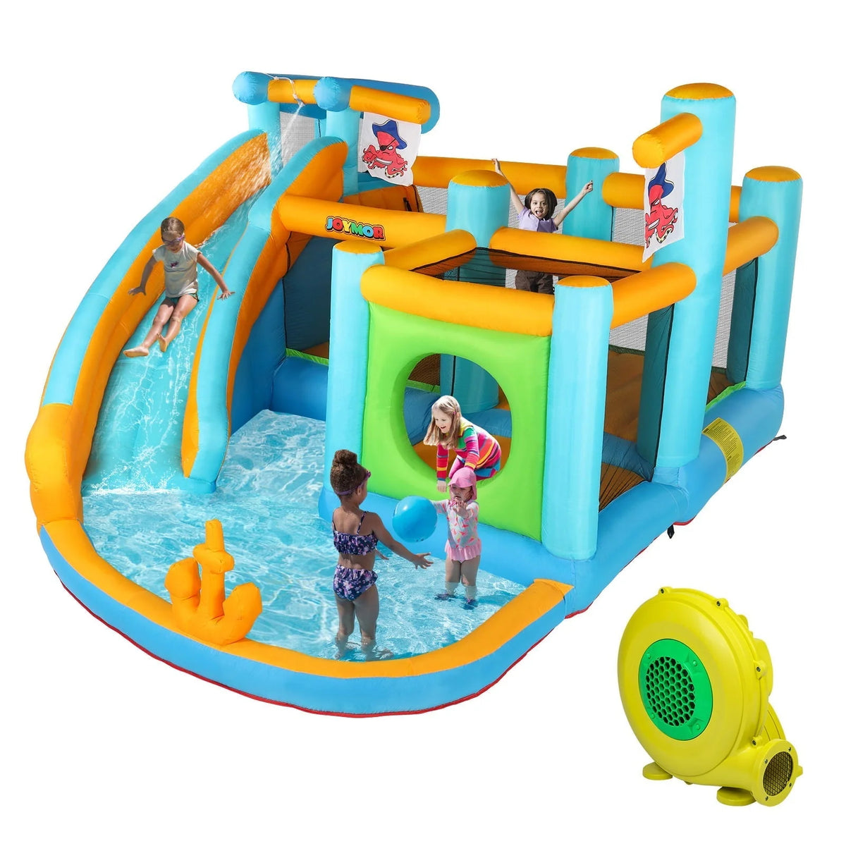 JOYMOR Inflatable Water Slide Park, Pirate Themed Bounce House w/ Obstacle Course, Water Cannon, Splash Pool, Water Slide Bouncer Castle Outdoor Backyard Playhouse for Age 3-12 Kids (Included Blower)