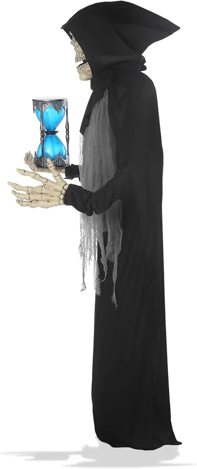 6.5ft Halloween Animatronic Grim Reaper, Mr. Grim Outdoor Halloween Decoration Standing Poseable Figure with Rotating Head, Light-up, Sound and Motion Activated