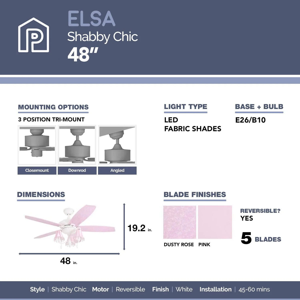 Prominence Home Elsa, 48 Inch Princess Style Indoor LED Ceiling Fan with Light, Pull Chain, Three Mounting Options, 5 Dual Finish Blades, Reversible Motor 50623-01 (White/ Pink)