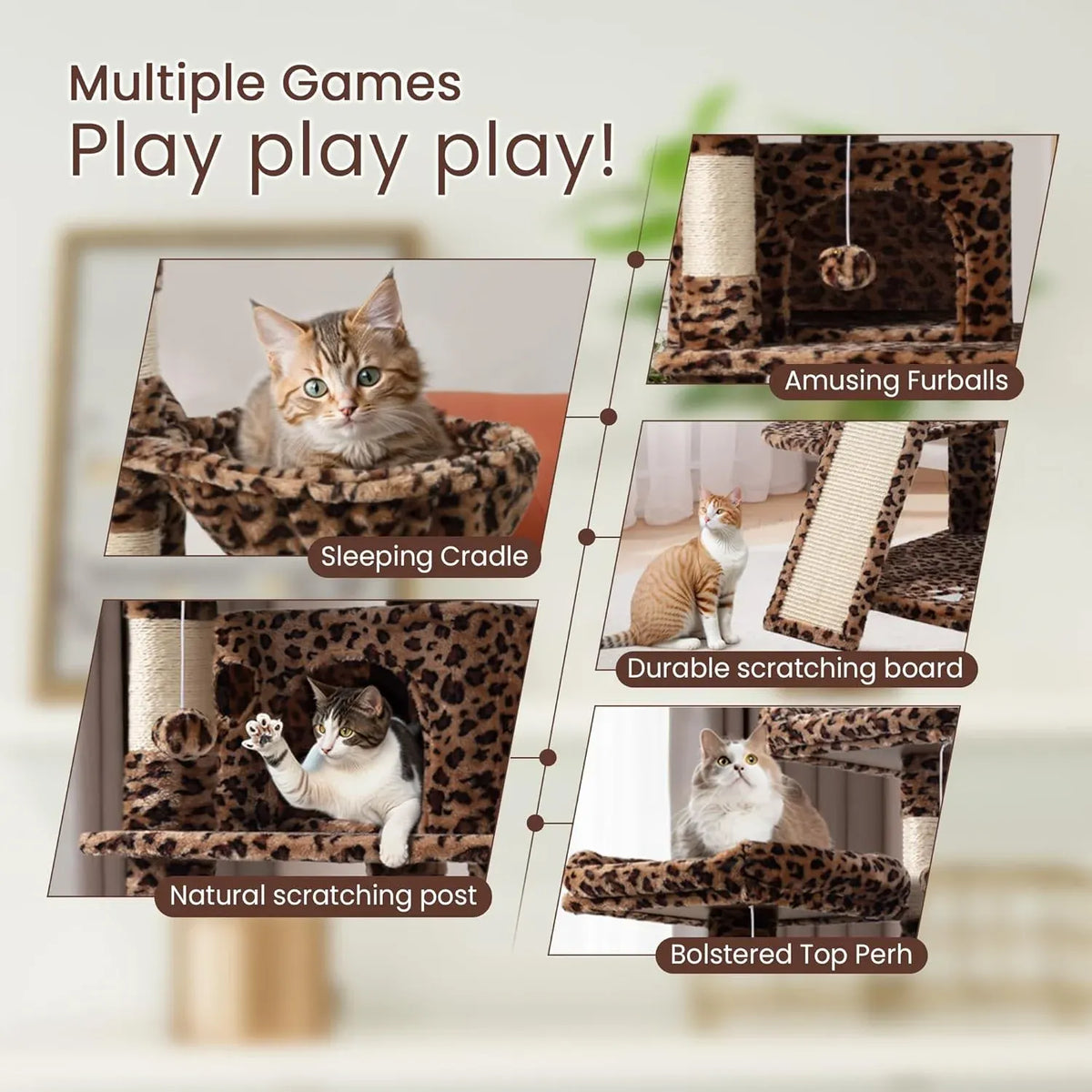68 Inches Multi-Level Large Cat Tree for Large Kitties/Big Cat Tower with Condo/Cozy Plush âPussycat Perches/Sisal Scratching Posts and Hammocks/Activity Center/Leopard Print