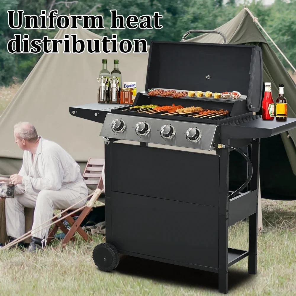 SEGMART 4 Burner BBQ Propane Gas Grill, Stainless Steel 34,200 BTU Patio Garden Barbecue Grill with Two Foldable Shelves & Thermometer, Perfect for Camping, Outdoor Cooking