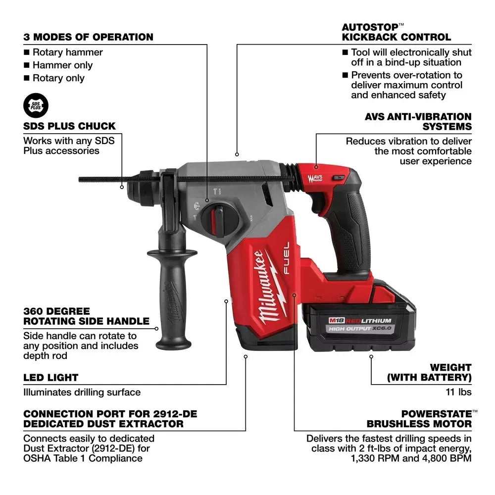 Milwaukee 2912-22DE M18 FUEL 18V 1 SDS Plus Rotary Hammer Dust Extractor Kit