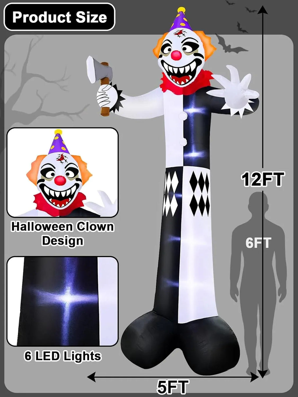 12 Ft Giant Halloween Inflatables Decorations Outdoor Scary Clown Hold Axe Blow Up Build-in LED Lights Inflatable Halloween Outdoor Yard Decors for Garden Lawn Home Holiday Party Outside