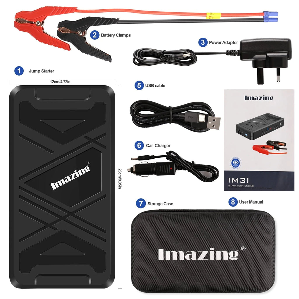 Imazing Portable Car Lithium Jump Starter - 2500A Peak 21000mAh (Up to 10L Gas or 10L Diesel Engine) 12V Auto Battery Booster Power Pack with Jumper Cables, QC 3.0 and 110V Inverter