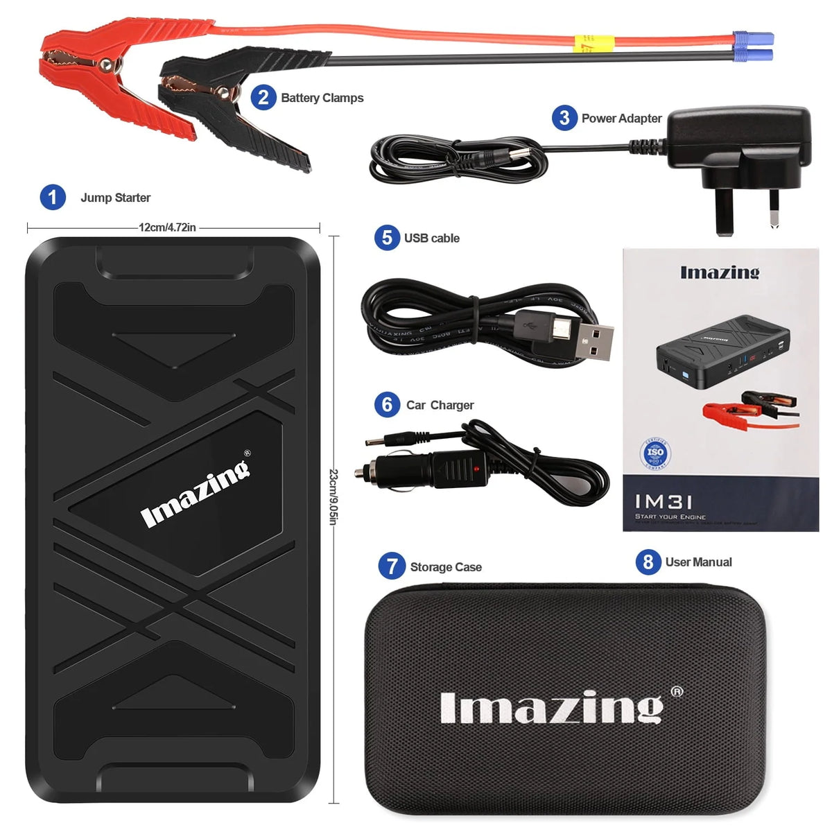 Imazing Portable Car Lithium Jump Starter - 2500A Peak 21000mAh (Up to 10L Gas or 10L Diesel Engine) 12V Auto Battery Booster Power Pack with Jumper Cables, QC 3.0 and 110V Inverter