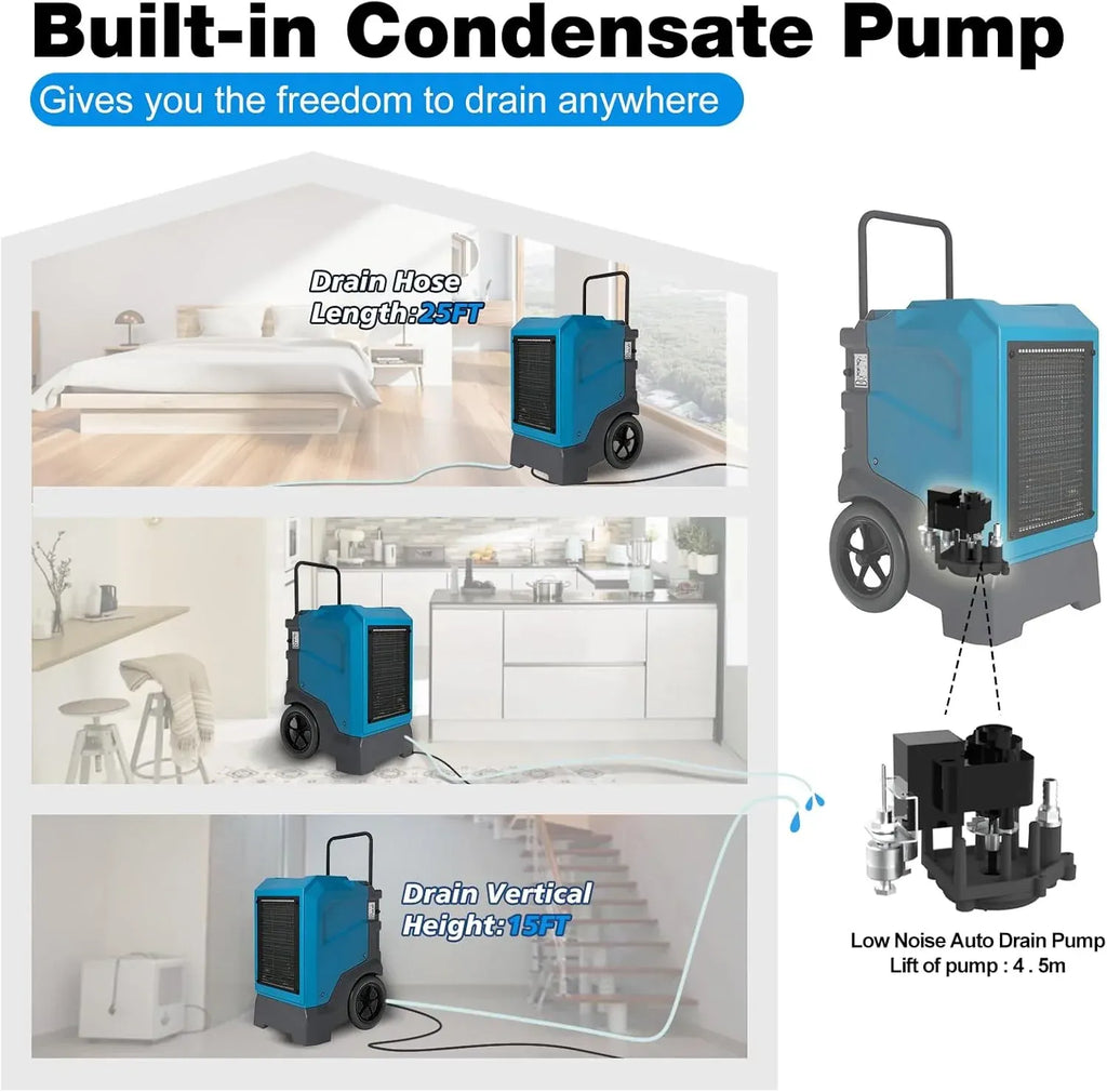 310 Pints LGR Commercial Dehumidifier with Built-In Pump and Drain Hose – Portable, Heavy-Duty Dehumidifier with Wheels for Basements, Garages, Home, and Job Sites (Blue)