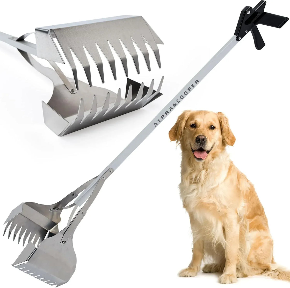 Dog Pooper Scooper for Yard - 38 Lightweight Ergonomic Handle, Rust-Resistant Aluminum, Jaws Technology Poop Scooper for Dogs