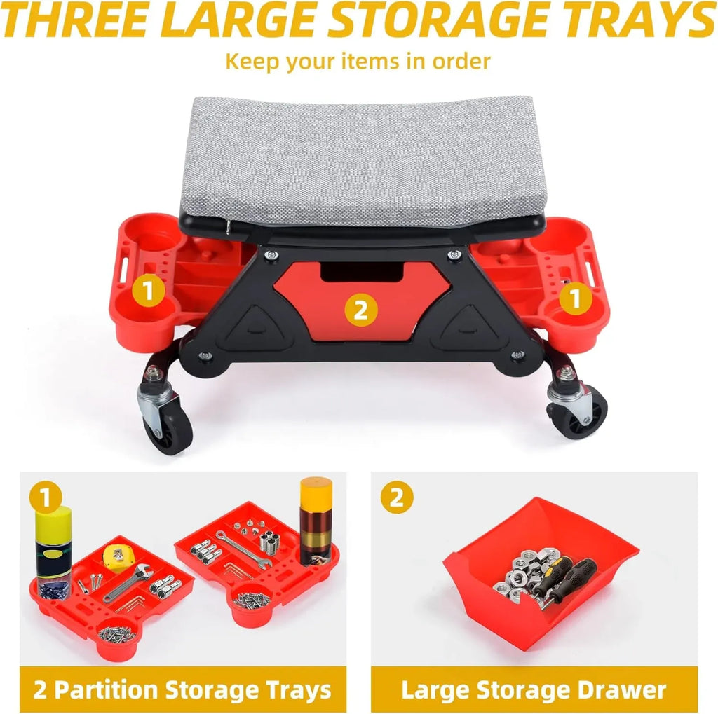 Mechanic Stool, 300 LBS Garage Stool on Wheels, Heavy Duty Rolling Mechanics Seat, Rolling Stools Seat with Wheels for Automotive Auto Repair, Shop