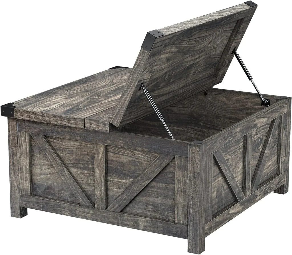 35.6 Farmhouse Lift Top Coffee Table, Square Center Table with Charging Statio
