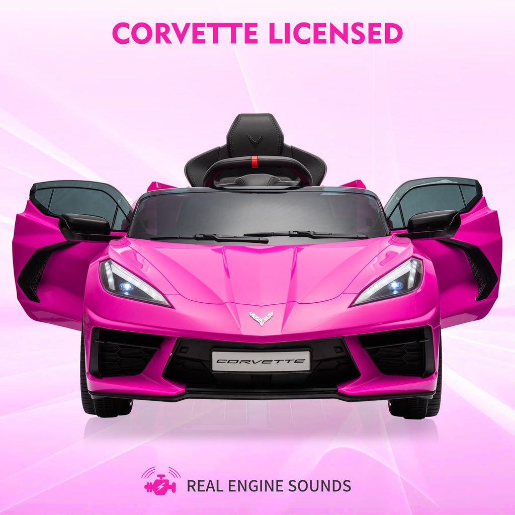 12V Kids Ride on Car Licensed Corvette Battery Powered Car Toddles Electric Sports Car Toy with Remote Control, Visual Dashboard, LED Lights, Music, Gifts for Boys Girls, Rose Red