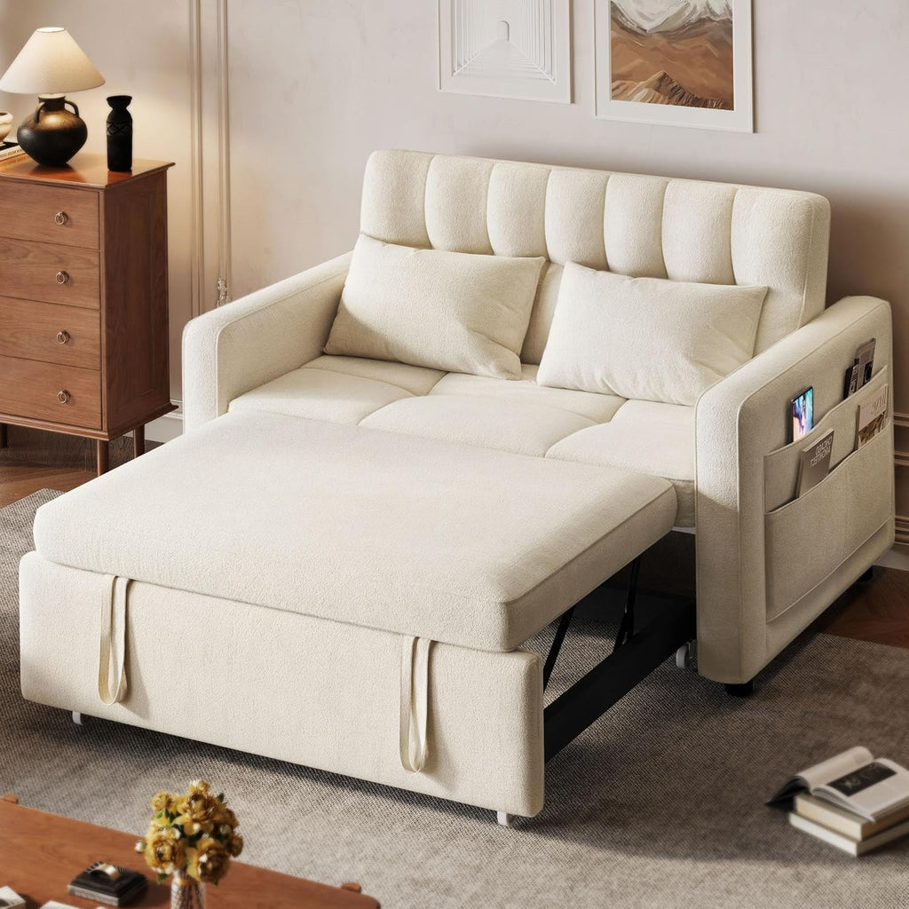 3-in-1 Convertible Sofa Bed, 55 Sleeper Sofa with Pull-Out Bed, Cat-Scratch-Proof Fabric Futon Couch with Adjustable Backrest and Side Pocket, Loveseat for Living Room Apartment, Grey
