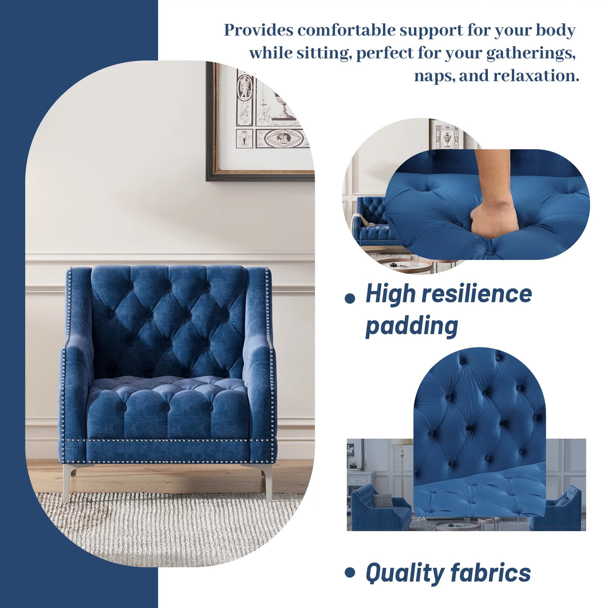 78 Modern Sofa Dutch Plush Upholstered Sofa with Metal Legs, Button Tufted Back Blue