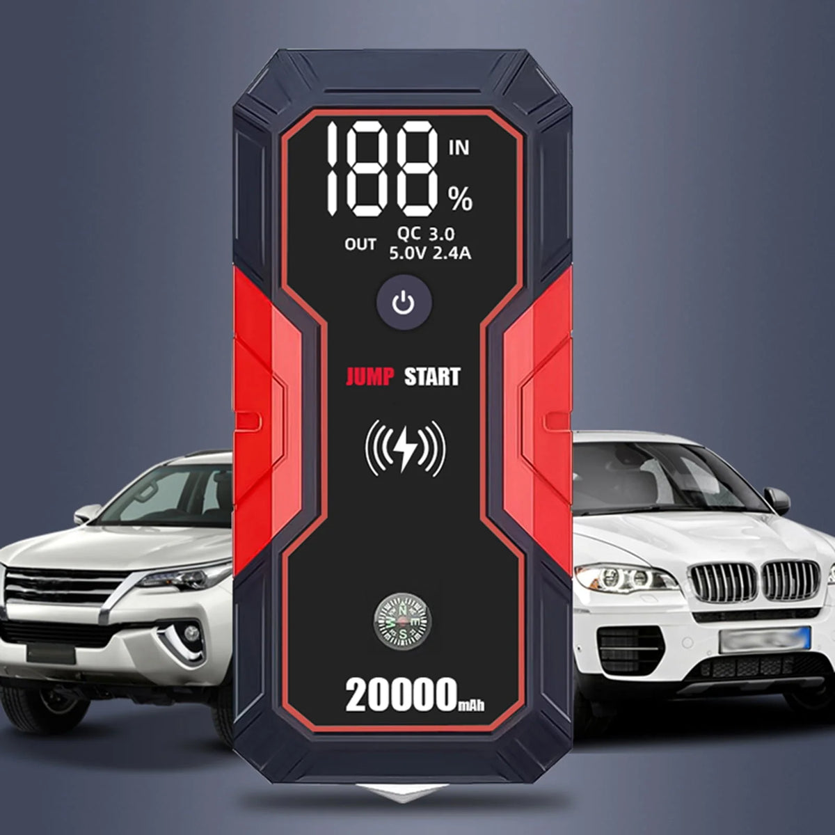 moobody 20000mAh Portable Car Jump Starter, 12V Car Battery Starter , Fast Wireless, USB Quick Charge, with Flashlight , Compatible with 5.0L Gas and 3.5L Diesel Engines