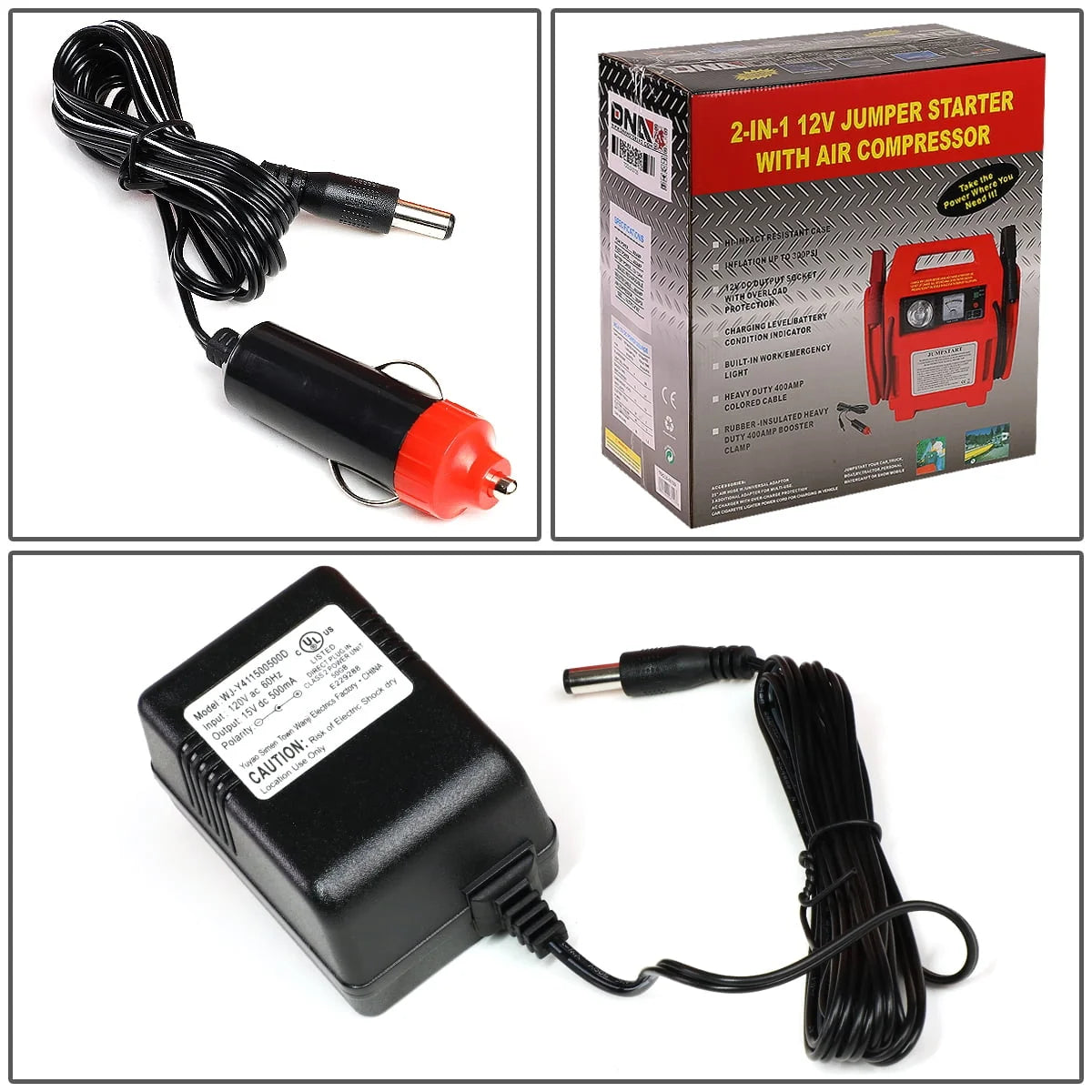 DNA Motoring TOOLS-00129 DNA 12V Bump Textured 300PSI Air Compressor Rechargeable Jump Starter Power Pack, Emergency Work Light