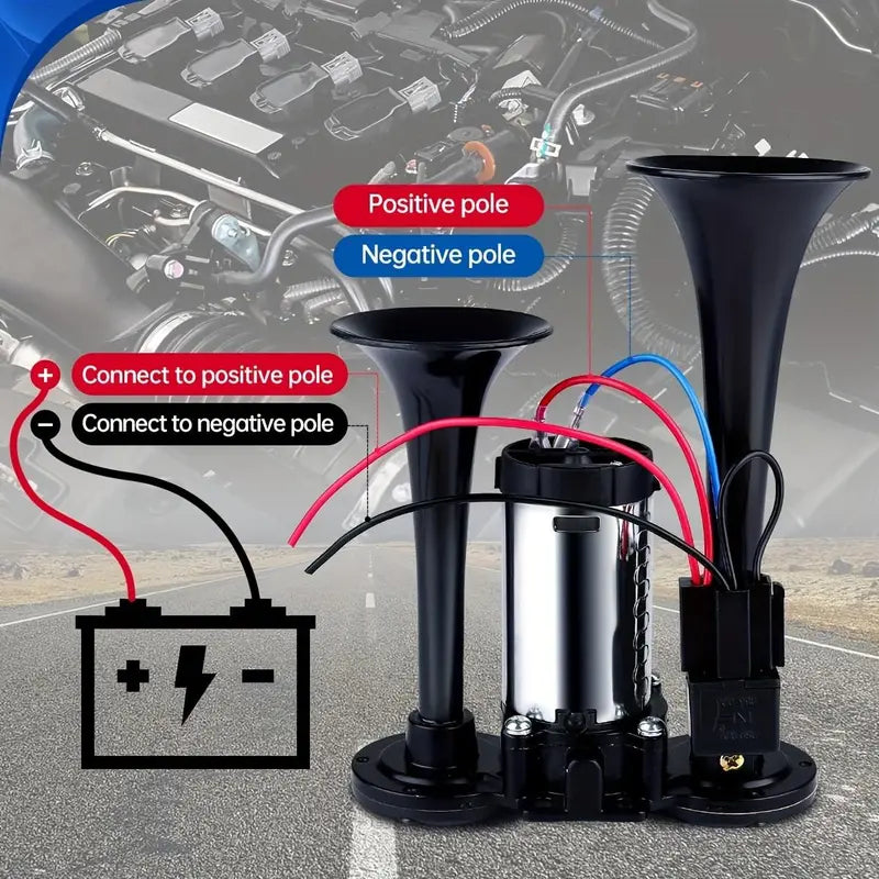 Electric Dual Air Horn with Auto-Refill Compressor and Mounting Bracket for 12V Vehicles