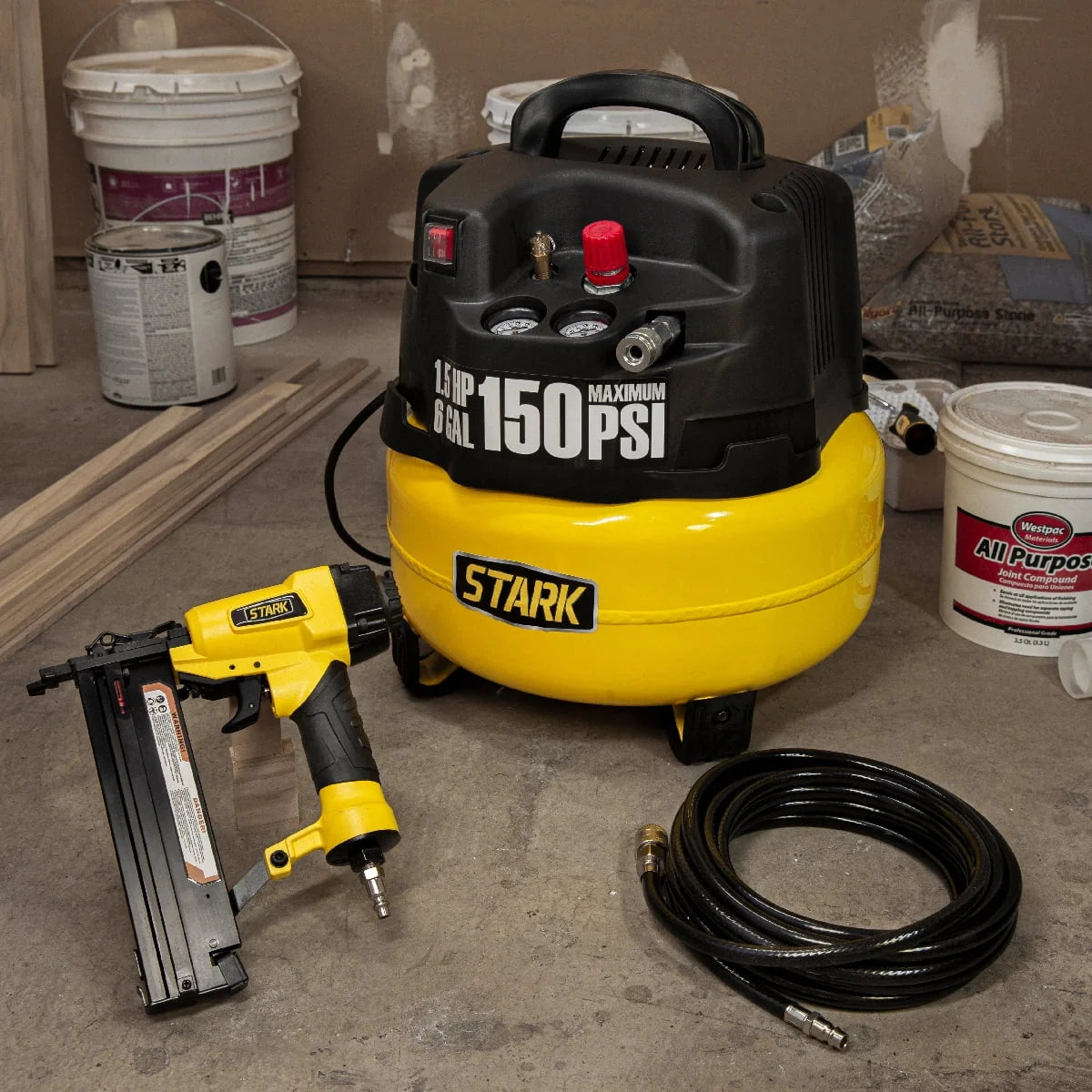 Stark 6 Gallon Pancake Air Compressor Combo Kit with 18 Ga Brad Nailer, 150 PSI, Oil-Free