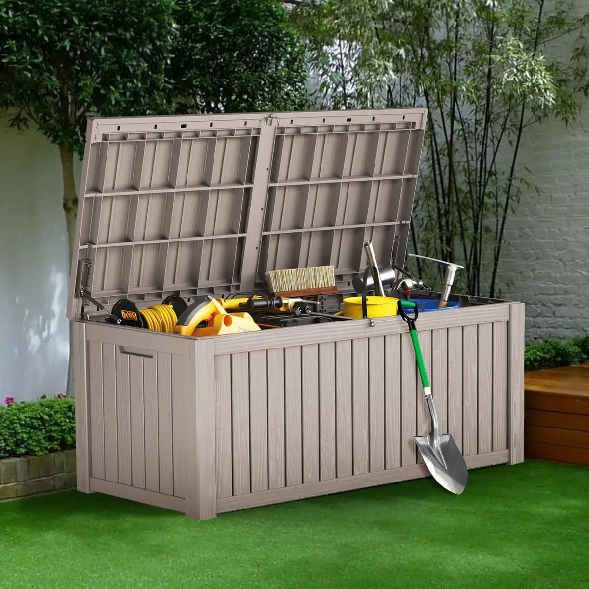 150 Gallon Outdoor Storage Cabinet, Large Outdoor Storage Box for Patio Furniture Covers, Cushion Pillows, Waterproof Deck Box with Lockable Lid for Garden Tools, Pool Accessories, Taupe