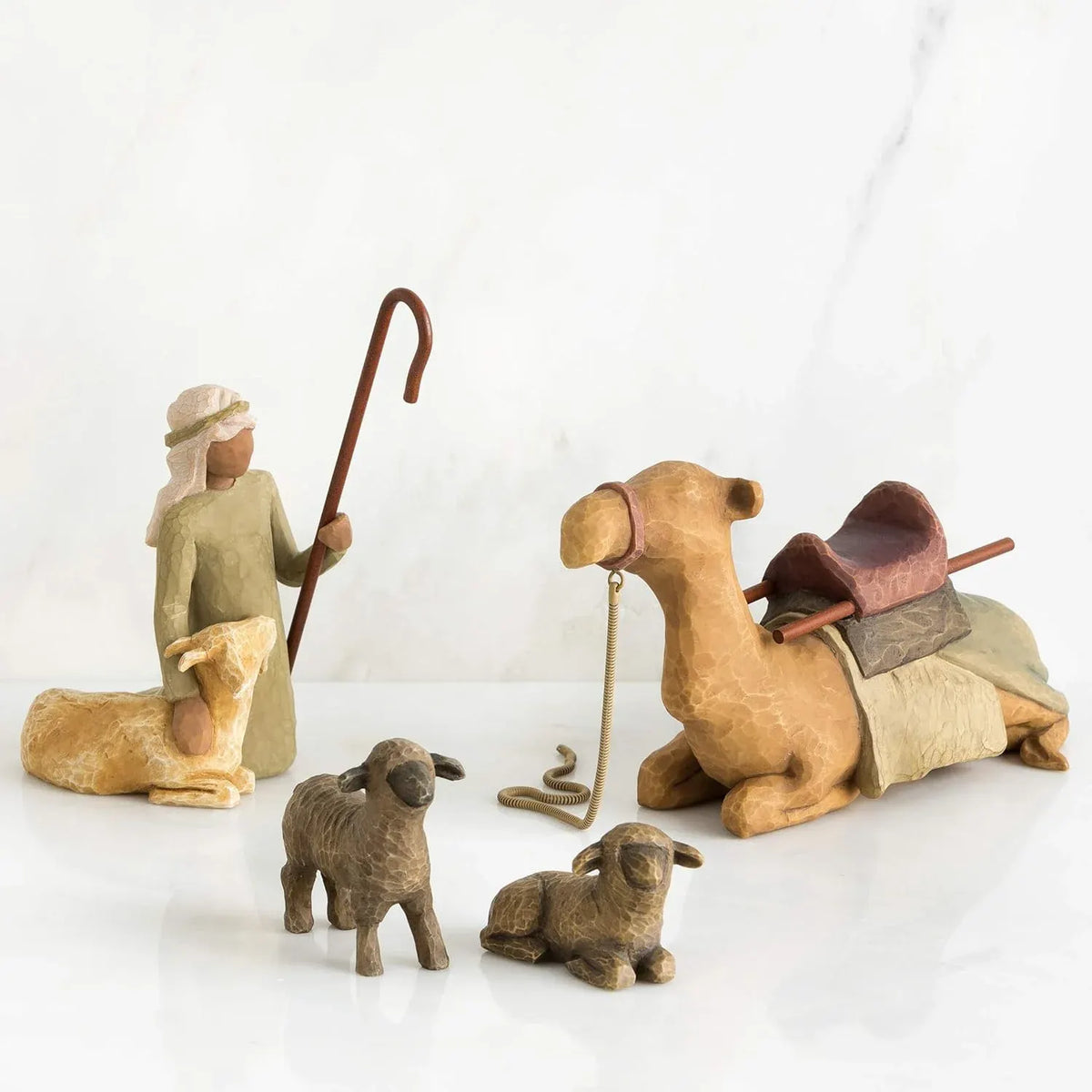 Willow Tree Shepherd and Stable Animals, Surrounding New Life with Love and Warmth, Build a Holiday Tradition with Classic Nativity Set, 4 Sculpted Hand-Painted Figures: Sheep, Camel, Shepherd, Goat