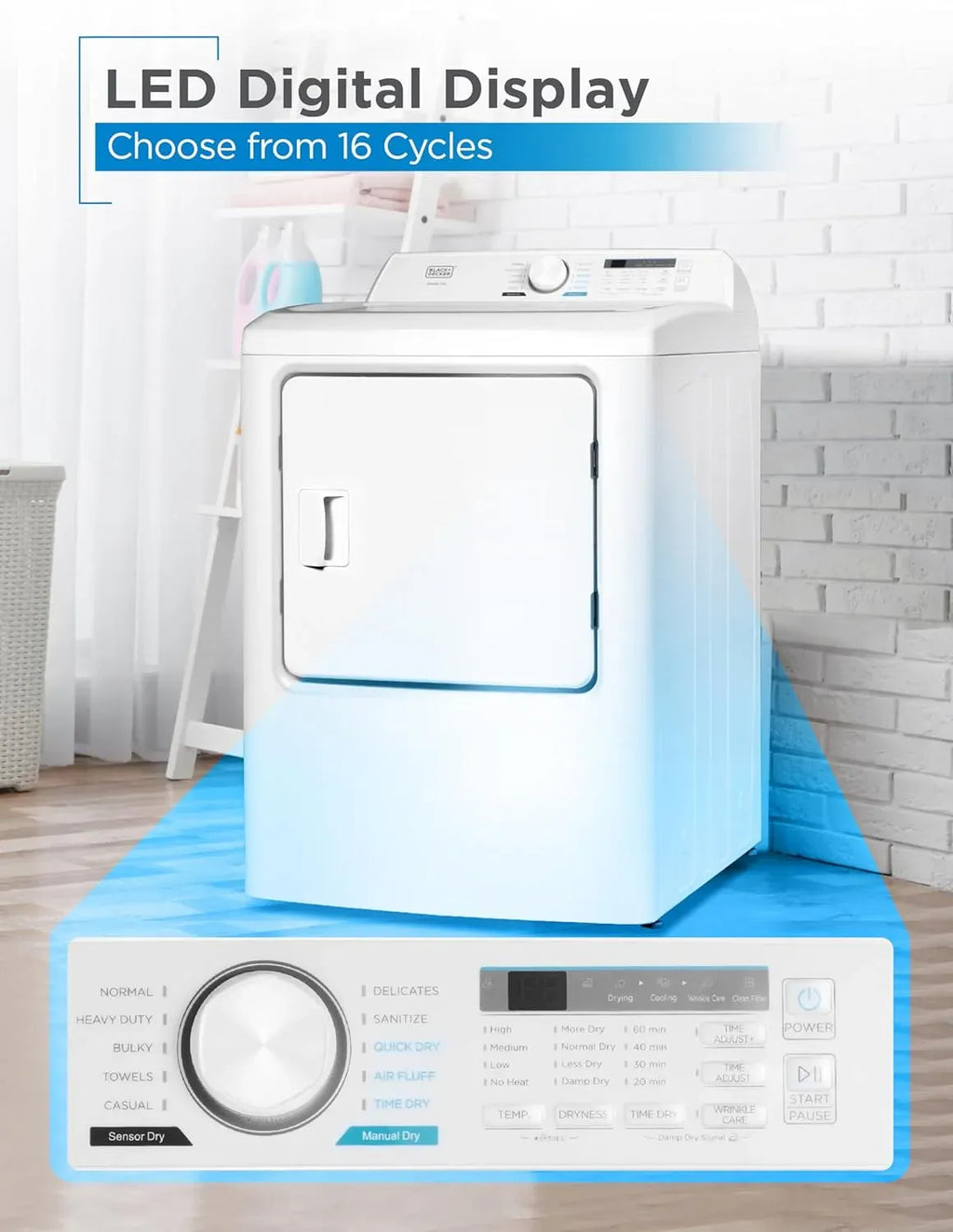 BLACK+DECKER 7.0 Cu. Ft. Front Load Dryer, Clothes Dryer with LED Display and Dial Control, 5 Senor and Manual Dry Selections, Wrinkle Care, 240V, BLD67ME, White
