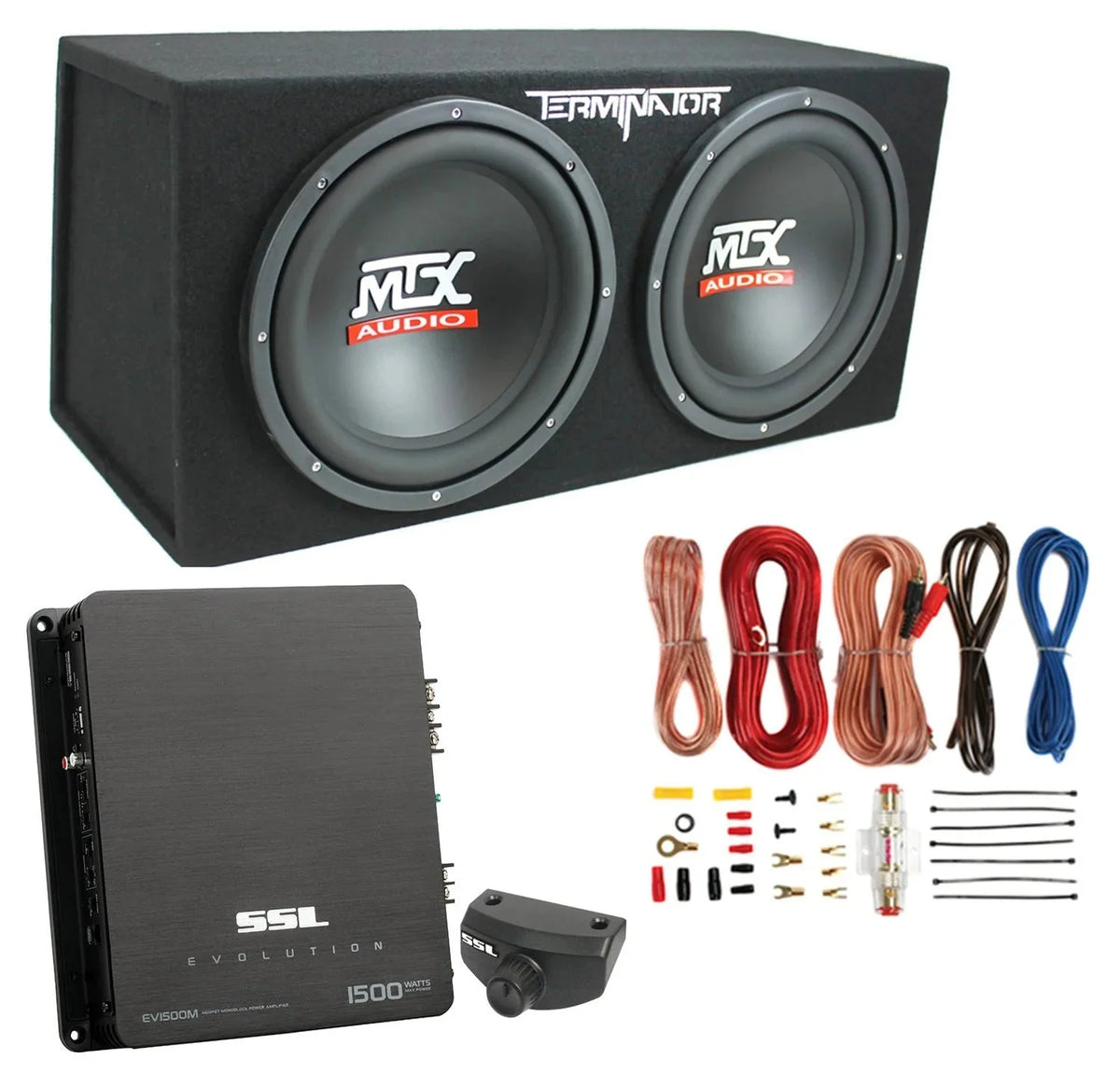 MTX TNE212D 12 1200W Dual Loaded Car Subwoofer Box & SSL 1500W Amplifier w/ Kit