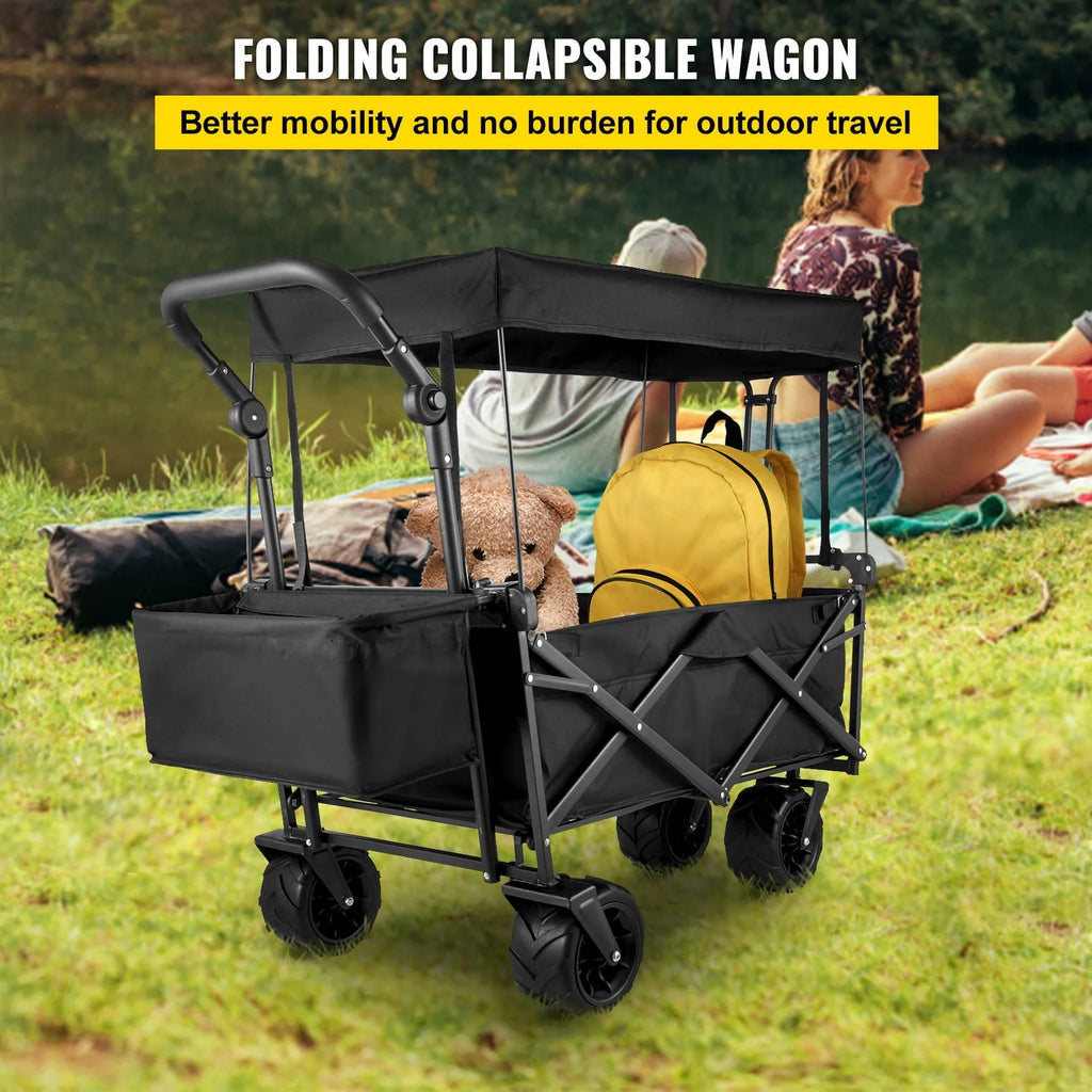 VEVORbrand Collapsible Wagon Cart Black， Foldable Wagon Cart Removable Canopy 602D Oxford Cloth， Collapsible Wagon Oversized Wheels， Portable Folding Wagon Adjustable Handles， Beach， Garden， Sports