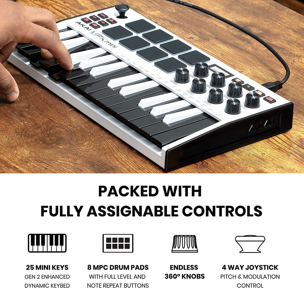 AKAI Professional MPK Mini White MK3 and M-Audio HDH40-25-Key USB MIDI Keyboard Controller with Beat Pads, Studio Headphones and Software Suite
